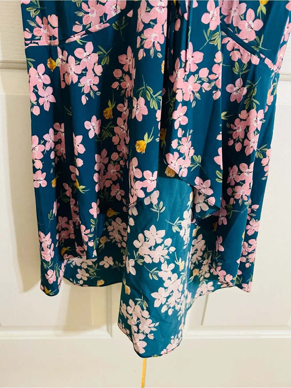 INTERMIX Teal Floral Ruched High-Low Silk Dress with Pink Blossoms
